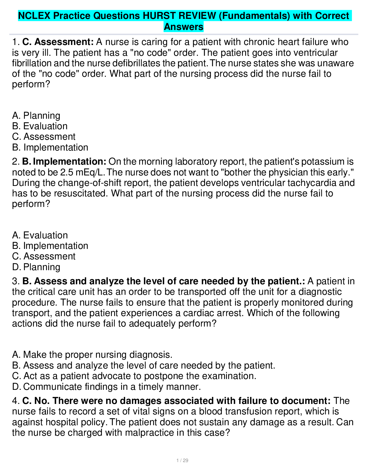 Preview image for NCLEX Practice Questions HURST REVIEW (Fundamentals) with Correct Answers